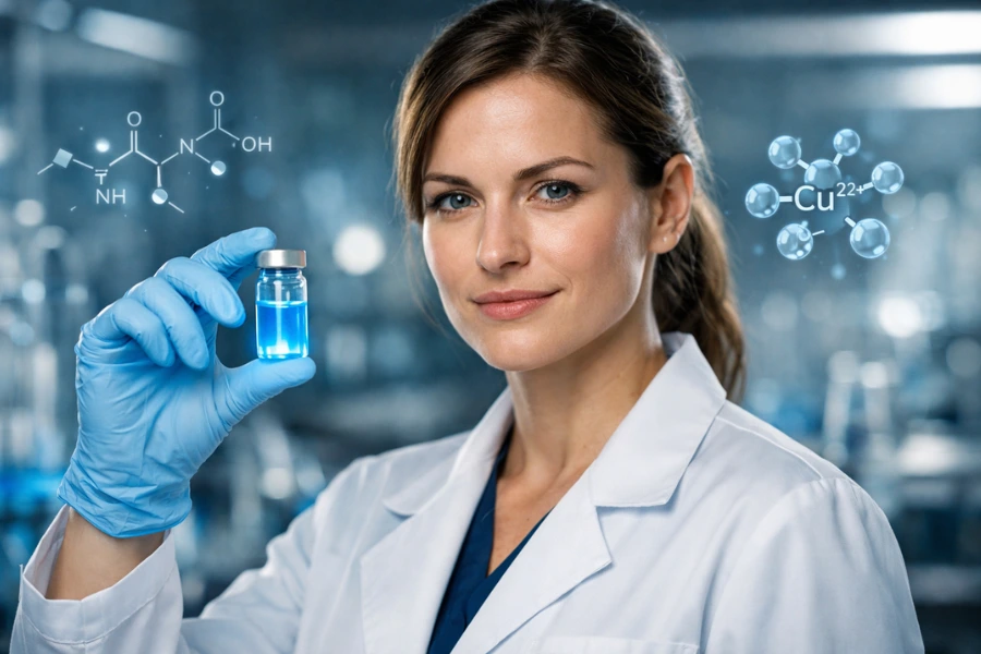 GHK-Cu, A Simple but Powerful Peptide Female scientist in a laboratory holding a vial of blue GHK-Cu peptide solution, with molecular structures in the background representing copper peptide skincare and regenerative benefits.