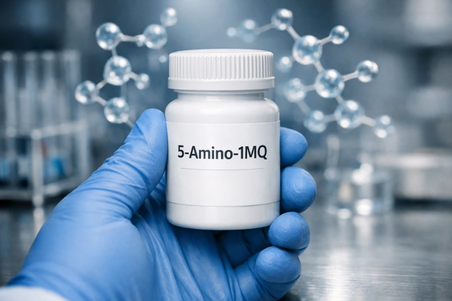 Gloved hand holding a bottle of 5-Amino-1MQ in a laboratory, with molecular structures in the background representing a metabolism boosting peptide used for weight loss and fat burning support.