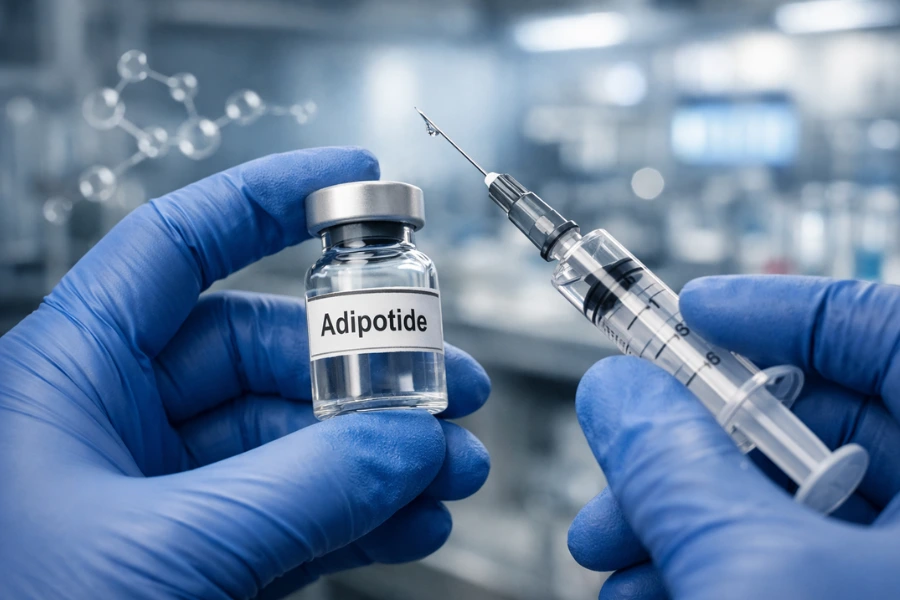 Gloved hands in a laboratory holding a vial labeled Adipotide and a syringe, with molecular graphics in the background representing peptide research for fat reduction and metabolic health.