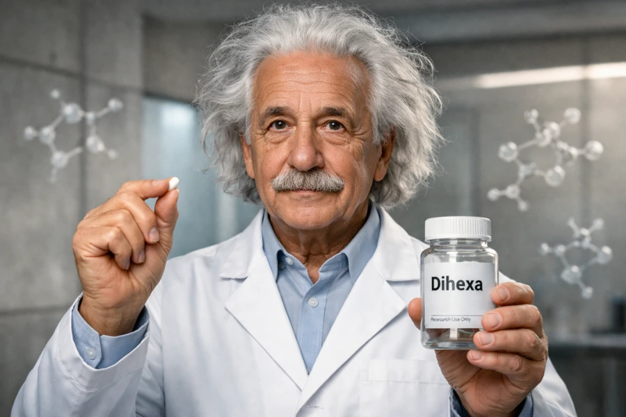 Scientist in a lab coat holding a bottle of Dihexa peptide and a capsule, with molecular structures in the background highlighting brain health, neuroprotection, and cognitive support research.