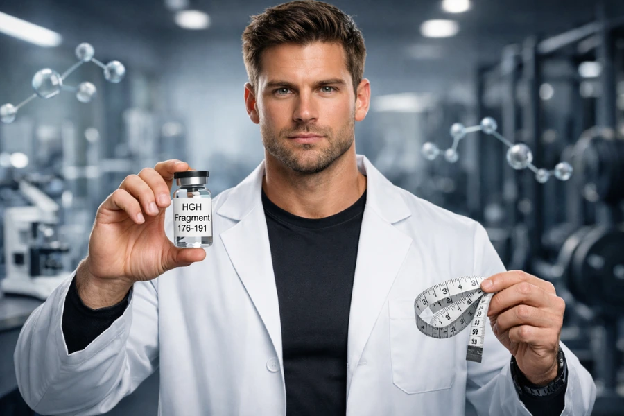 A peptide researcher in a white lab coat holding a vial of HGH Fragment 176-191 and a measuring tape in a gym setting, symbolizing weight loss and muscle research.