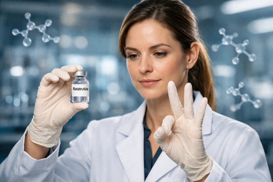 Scientist in a laboratory holding a vial labeled Retatrutide, with molecular structures in the background representing advanced GLP peptide research for weight loss and metabolic health.