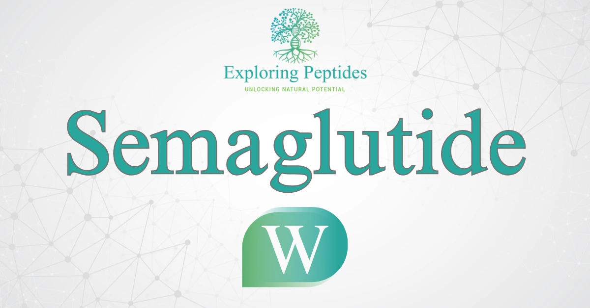 Semaglutide Peptide Wikipedia Semaglutide peptide overview banner for Wikipedia by Exploring Peptides with teal title typography, scientific molecular background design, and natural potential branding logo.