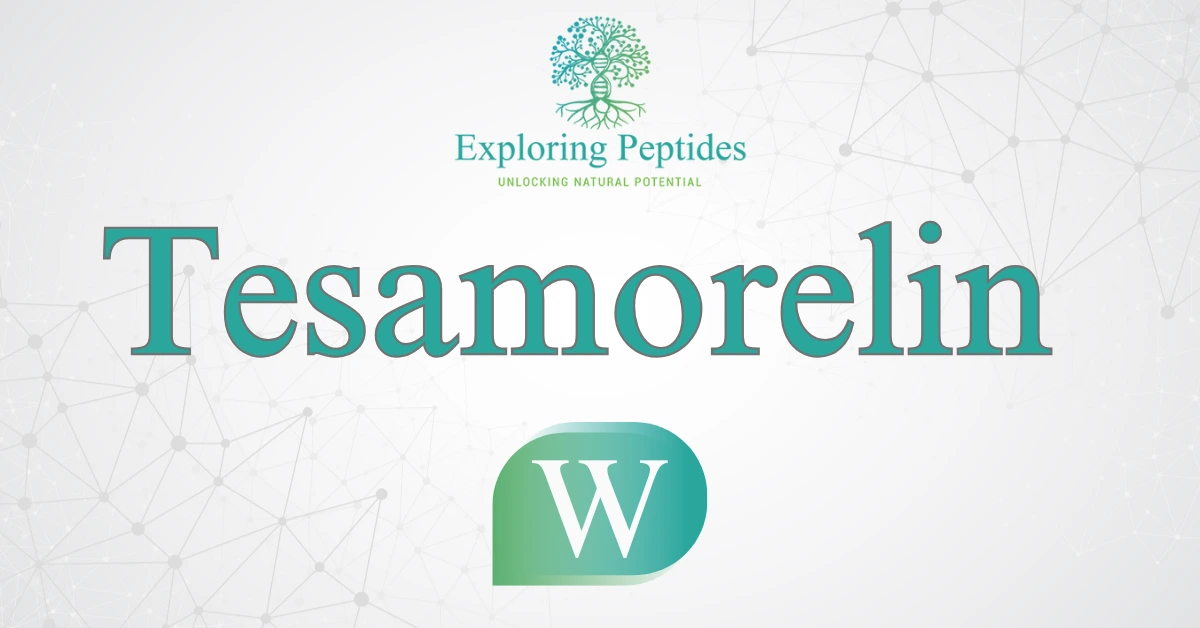 Tesamorelin peptide Wikipedia image by Exploring Peptides logo for Tesamorelin information page