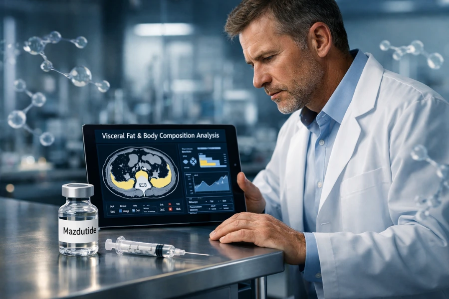 Mazdutide, A Game Changer For Weightloss Scientist in a laboratory reviewing a tablet showing visceral fat and body composition data beside a vial labeled Mazdutide and a syringe, representing peptide based weight loss and metabolic research.