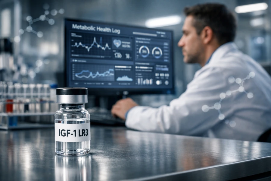 Vial labeled IGF 1 LR3 on a laboratory table with a scientist analyzing metabolic health data on a screen in the background, representing peptide research for muscle growth and metabolic support.