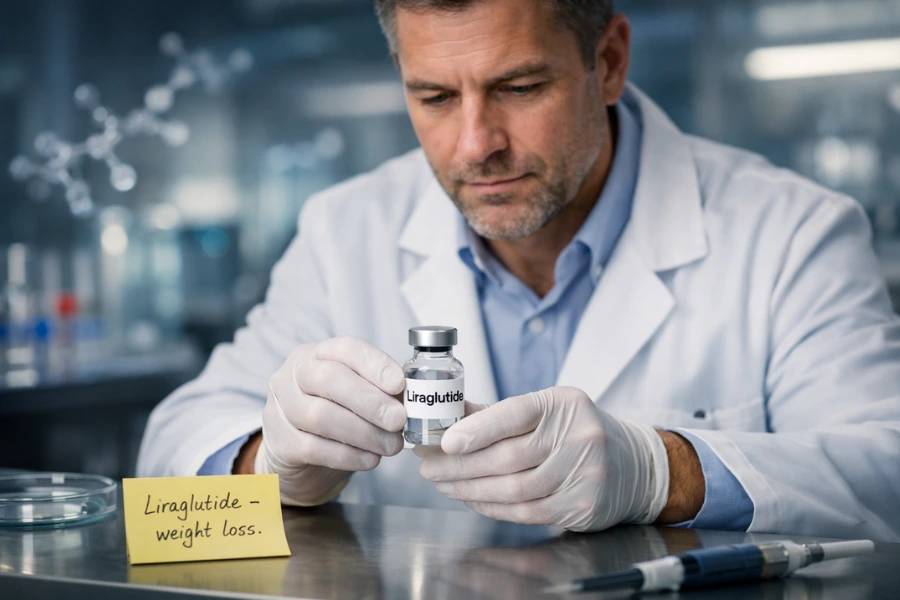 Scientist in a laboratory holding a vial labeled Liraglutide with a note reading weight loss on the table, representing GLP 1 peptide research for appetite control and metabolic health.