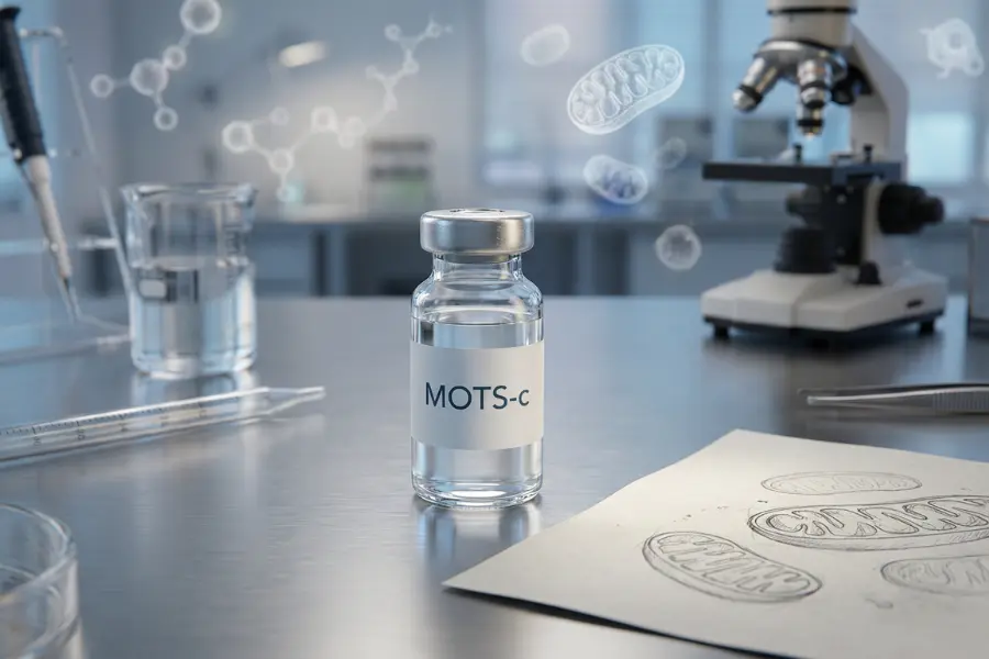 MOTS-C, A Peptide That Revolutionized Health and Fitness Vial labeled MOTS C on a laboratory table beside a microscope and lab tools, with floating mitochondrial graphics representing mitochondrial peptide research for energy, metabolism, and cellular health.