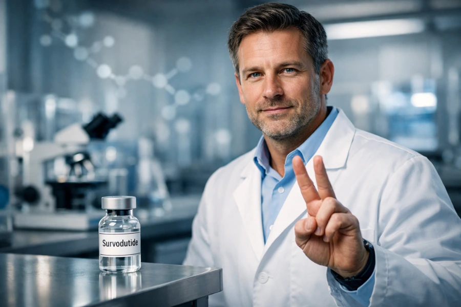 Survodutide, A Dual-Action Peptide for Effective Weight Management Scientist in a laboratory making a two finger gesture beside a vial labeled Survodutide, with molecular graphics in the background representing dual action peptide research for weight loss and metabolic health.
