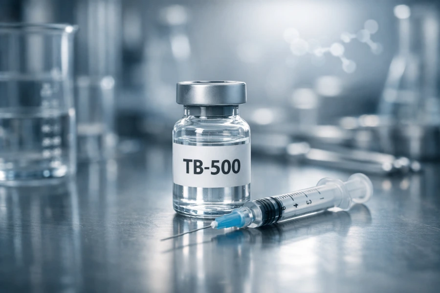 TB-500, A Peptide For Healing and Recovery Vial labeled TB 500 and a syringe on a laboratory table, with soft molecular graphics in the background representing peptide research for healing, tissue repair, and recovery.