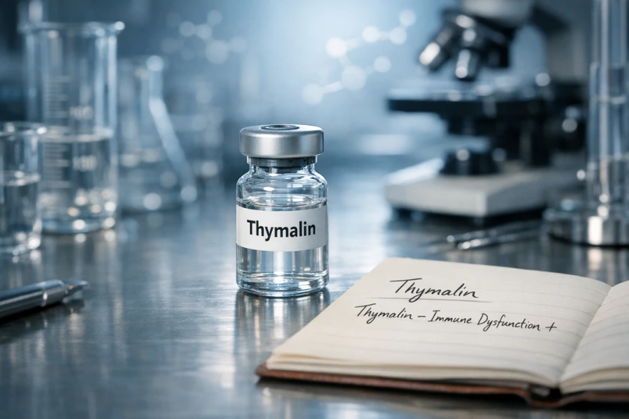 Vial labeled Thymalin on a laboratory table beside an open notebook and microscope, representing thymalin peptide research for immune system support and immune dysfunction studies.