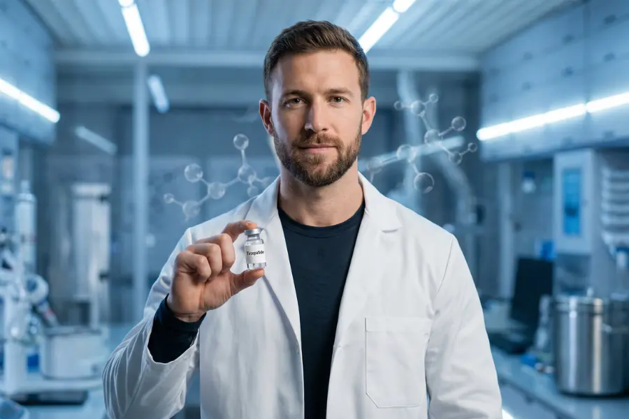 Tirzepatide Breakthrough For Weight Loss Scientist in a laboratory holding a vial of Tirzepatide, with molecular graphics in the background representing advanced peptide research for weight loss and blood sugar control.