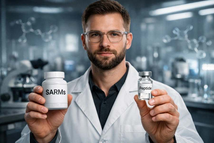 Peptides vs SARMs Scientist in a lab holding a peptide vial and a SARMs pill bottle, illustrating the comparison of peptides vs SARMs for muscle growth, fat loss, and performance.