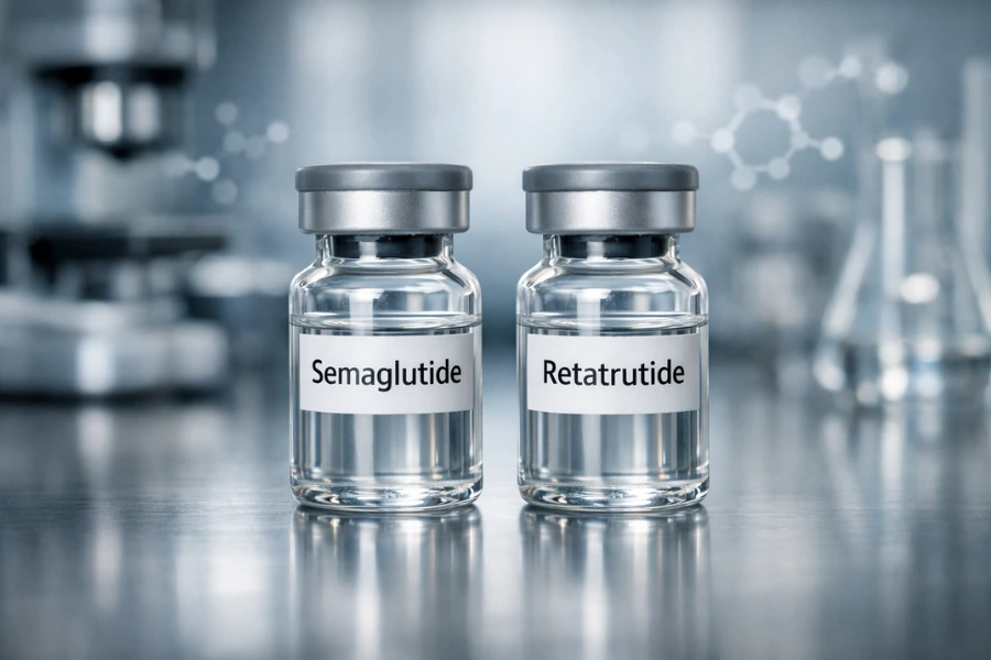 Retatrutide vs Semaglutide for Weight Loss Two clear glass vials labeled “Semaglutide” and “Retatrutide” on a stainless laboratory table, comparing GLP-1 and triple agonist weight loss peptides for fat loss and metabolic health.