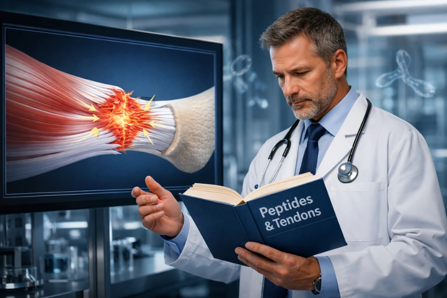 Best Peptides for Tendon Repair Doctor reviewing a book on peptides while a screen shows tendon injury repair, illustrating how peptides support tendon healing and tissue regeneration.
