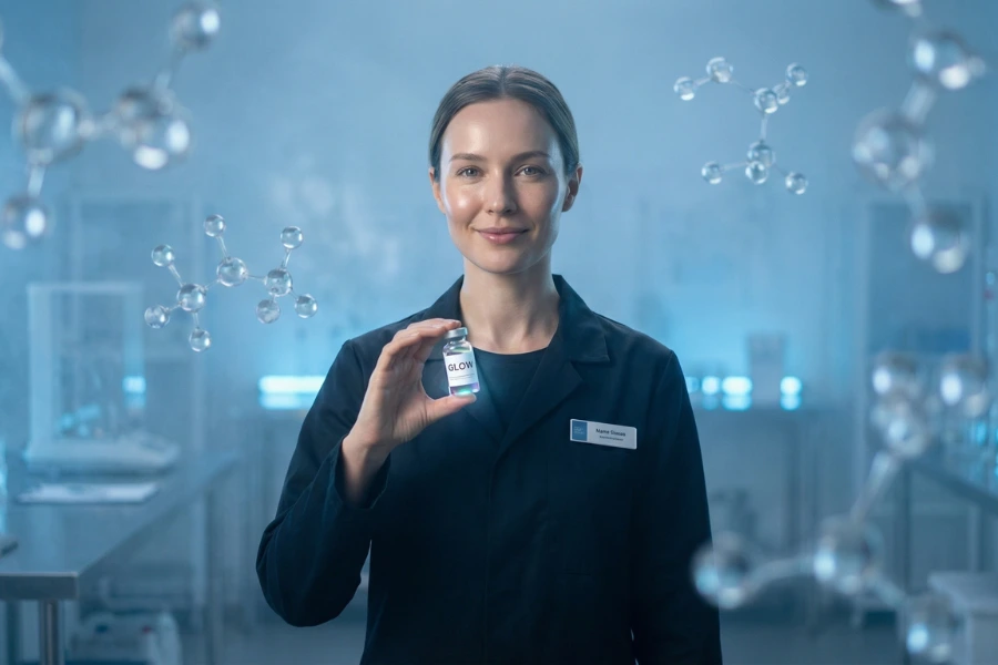 Glow Peptide Protocol, Benefits, Side Effects Scientist holding a vial labeled “Glow” peptide in a lab, representing peptide skin rejuvenation, anti-aging benefits, and cellular repair.