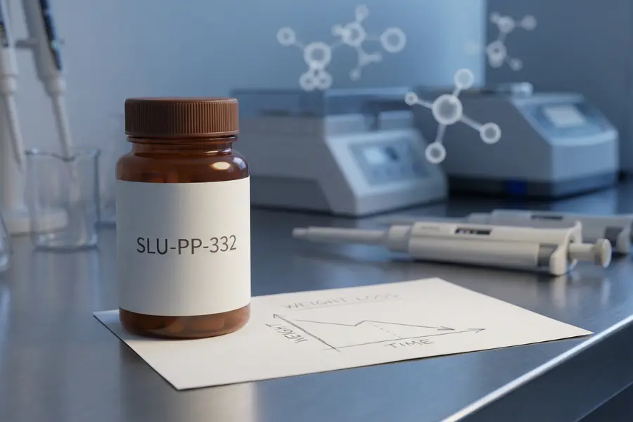 Laboratory bench with a bottle labeled SLU PP 332 beside lab equipment and a weight loss chart, representing metabolic peptide research for fat burning and energy regulation.