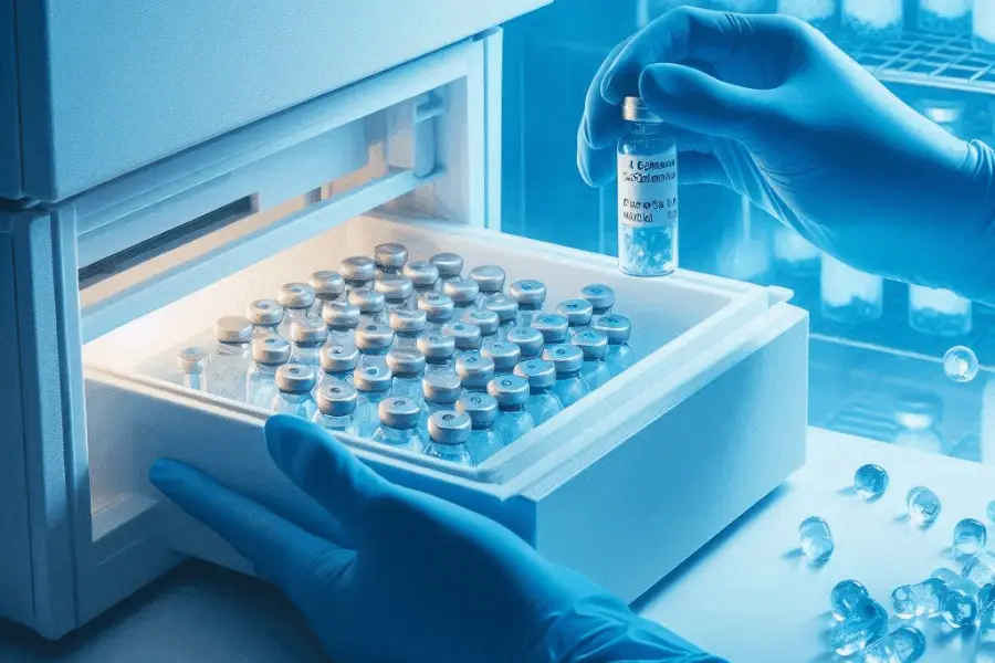 person placing a peptide vial in the freezer person placing a peptide vial in the freezer