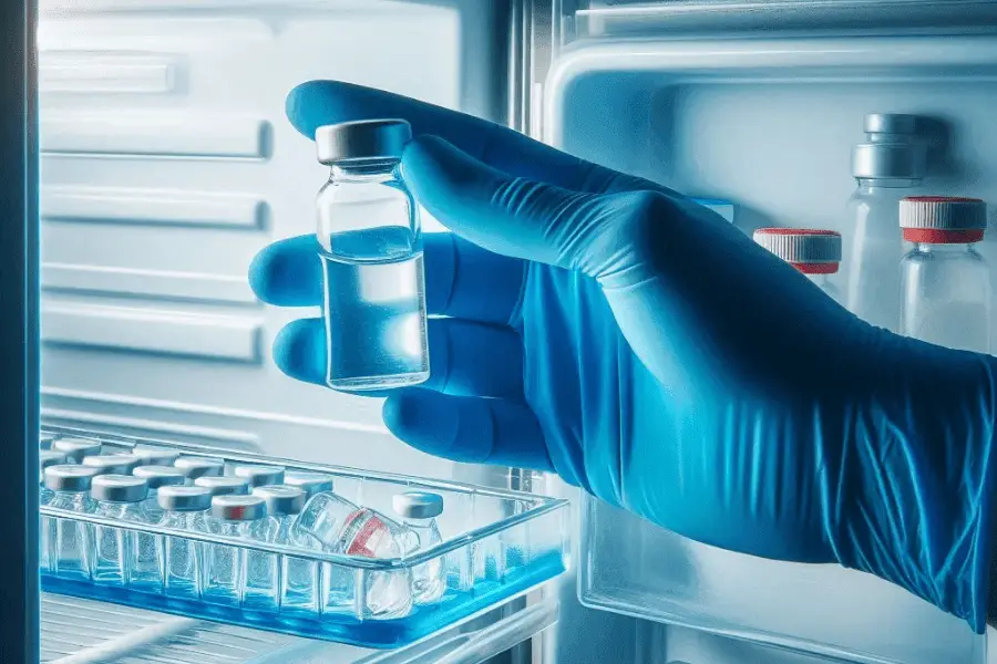 a hand in a glove placing peptide vial in the fridge depicting a way of how to store peptides properly