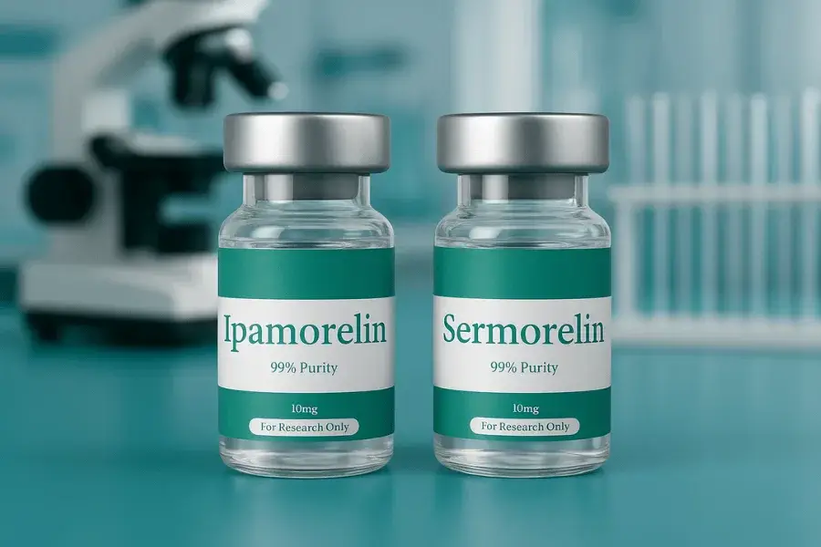 Image of two peptide vials in laboratory settings with peptide labels depicting Sermorelin vs Ipamorelin