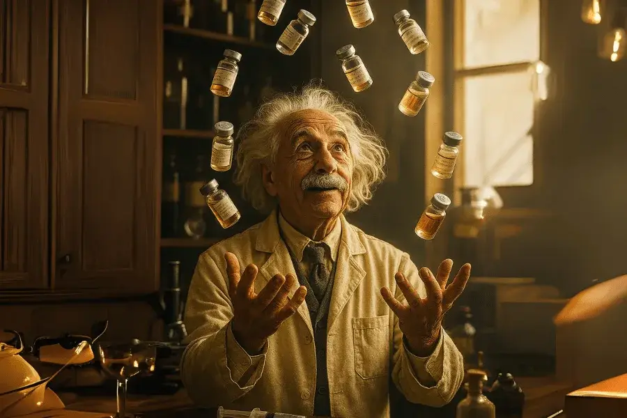 An elderly scientist resembling Albert Einstein stands in a vintage laboratory, joyfully juggling nine glass vials labeled with various nootropic peptides. The warm, golden light from a nearby window highlights the vials suspended mid-air, emphasizing the scientific curiosity and energy of the moment. Antique lab equipment surrounds him, and a large syringe rests on the wooden table in front.