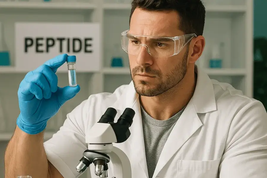 ace031 featured A scientist holding a vial of ACE-031 peptide in laboratory setting wearing white lab coat and blue latex gloves