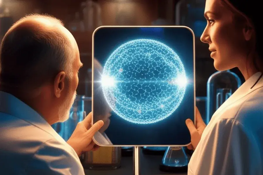Peptide Bioregulators Scientists examining a digital holographic model of molecular structures related to peptide bioregulators in a laboratory setting