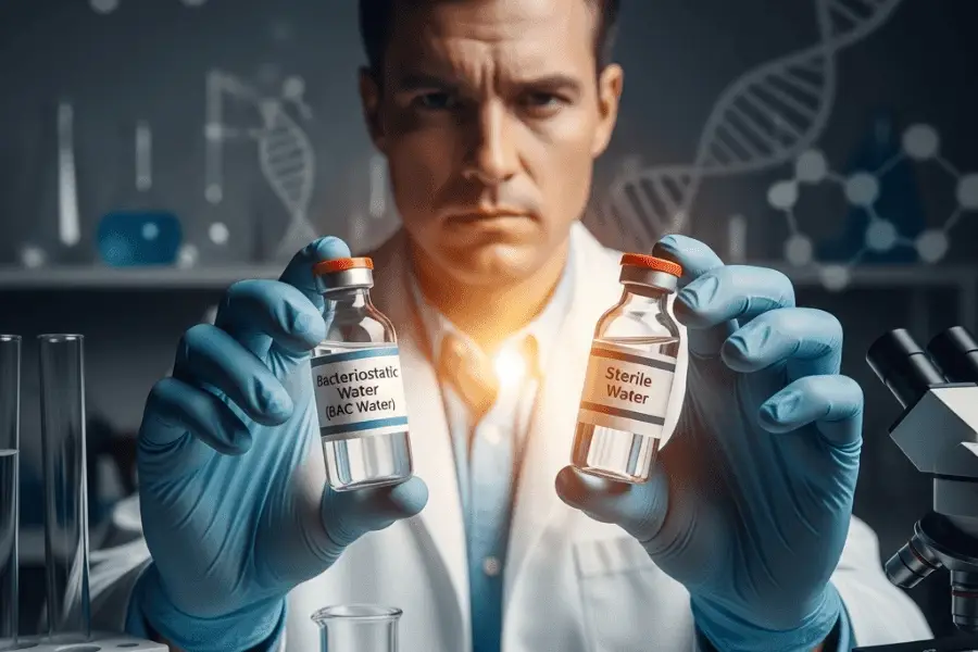 A male scientist wears a white lab coat and holds two clear vials at eye level—one labeled "Bacteriostatic Water" and the other "Sterile Water." He stands in a softly lit laboratory with a neutral, blurred background featuring faint molecular diagrams and out-of-focus lab equipment. The vials, glowing under a subtle spotlight, are the focal point of the image, emphasizing their clarity and scientific importance.