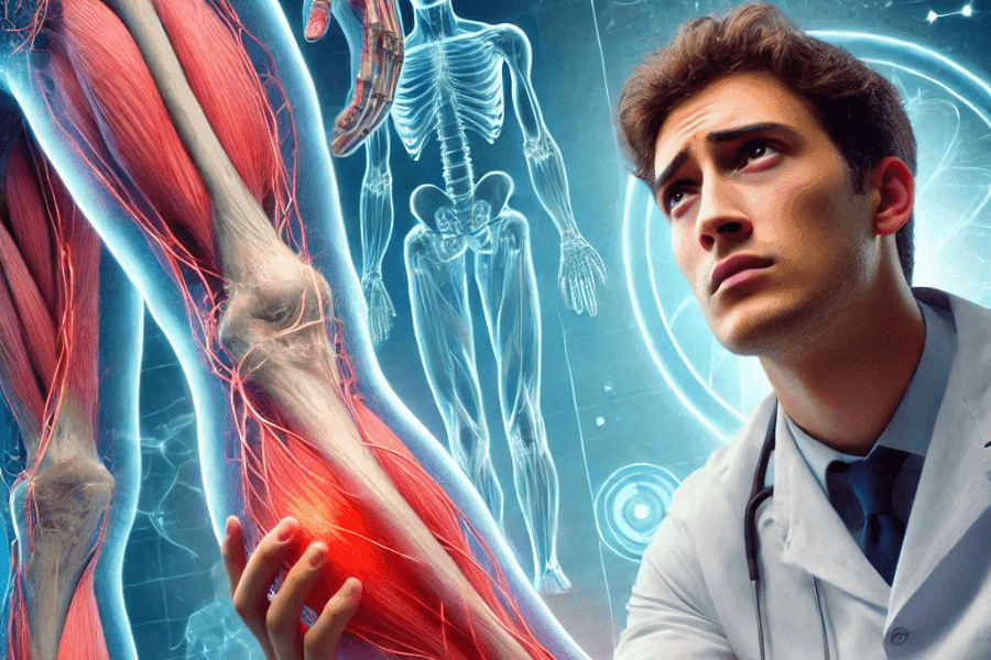 a scientist considering which is the best peptide for tendon repair while holding an x-ray of patients leg