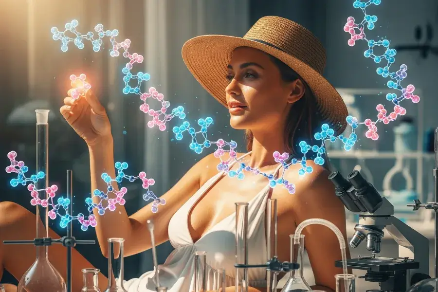 Melanotan 2 benefits featured image A well-tanned woman enjoying the summer sun, wearing a straw hat and a white dress, interacts with glowing peptide molecular structures, including Melanotan 2, floating around her in a high-tech laboratory setting. Surrounded by scientific glassware and a microscope, the scene blends vibrant sunlight with a futuristic biochemical atmosphere, highlighting Melanotan 2 benefits such as enhanced tanning and skin health
