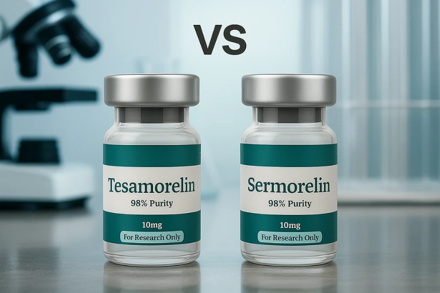 tesamorelin vs sermorelin tesamorelin vs sermorelin image depicting two vials of these peptides and vs in tha background in lab setting