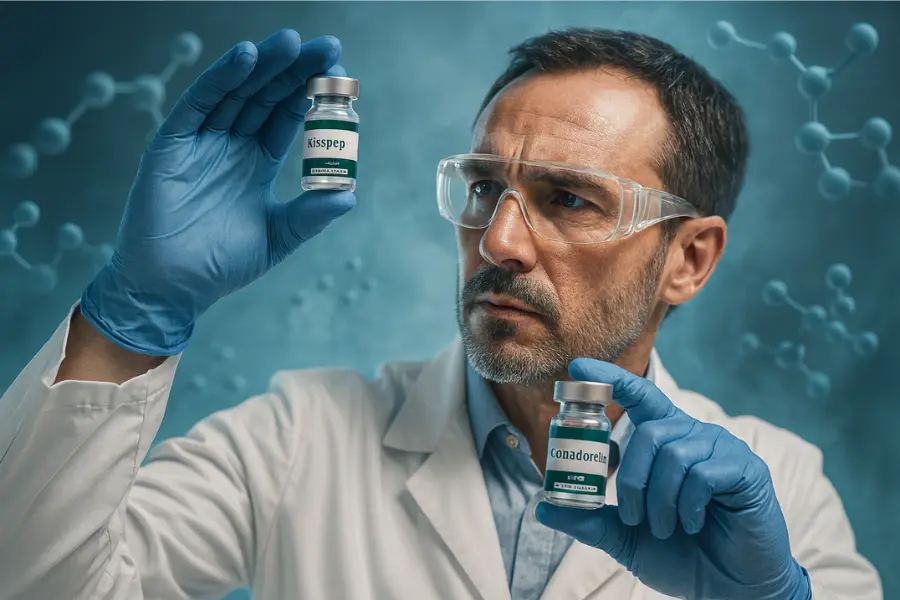 Scientist in a lab coat and blue gloves comparing two vials labeled "Kisspeptin" and "Gonadorelin," highlighting the distinction and research around Gonadorelin vs kisspeptin in a chemical or medical setting.
