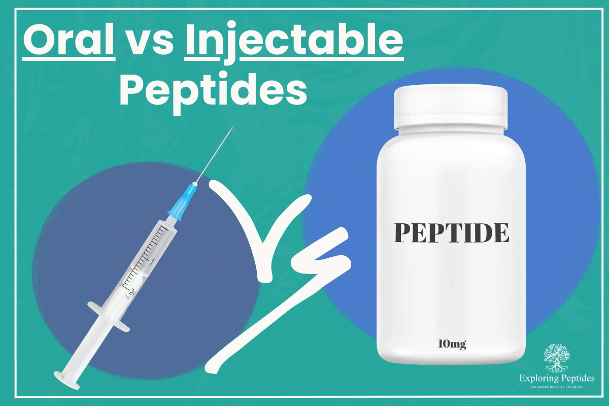 Oral vs injectable peptides comparison showing the two main administration methods for peptides: a syringe representing injectable peptides, contrasted with a white supplement bottle labeled 'PEPTIDE 10mg' representing oral peptides. The image highlights the debate between oral and injectable delivery for peptide supplements and therapeutics.
