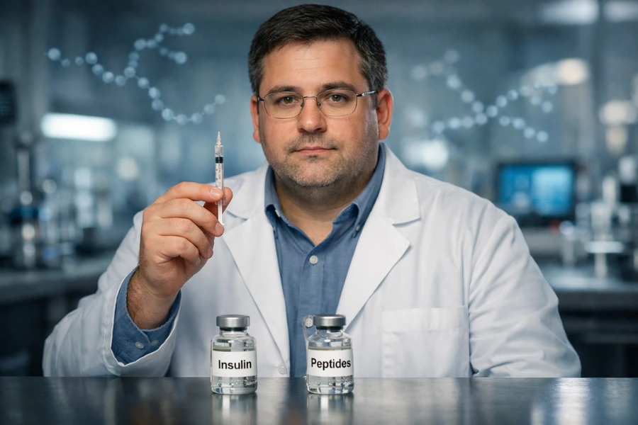 Peptides for Insulin Resistance and Diabetes Peptides for insulin resistance and diabetes research image showing a lab scientist holding a syringe with insulin and peptide vials on a laboratory table, representing blood sugar control, insulin sensitivity, and metabolic treatment development