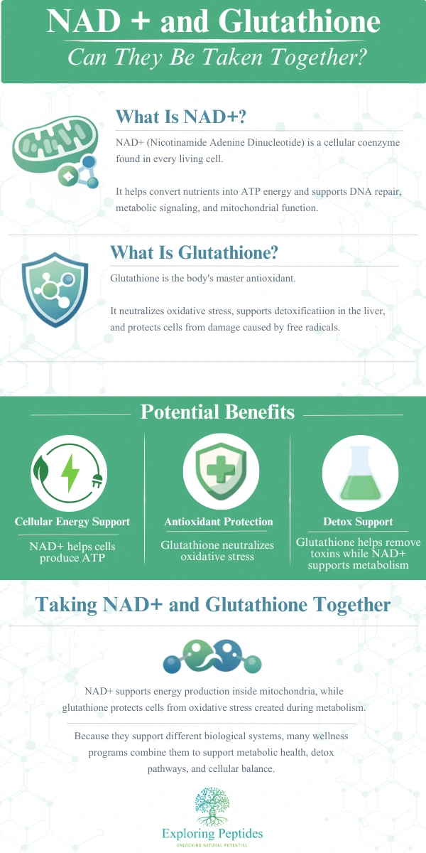 Infographic about NAD+ and glutathione showing definitions, mitochondrial energy support, antioxidant protection, detox benefits, and why NAD+ and glutathione can be taken together.
