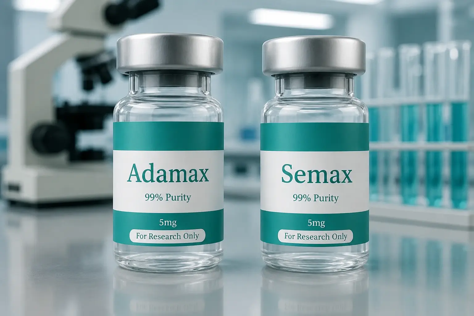 Adamax vs Semax peptide vials in a modern laboratory setting with teal research labels and clinical biotech background.