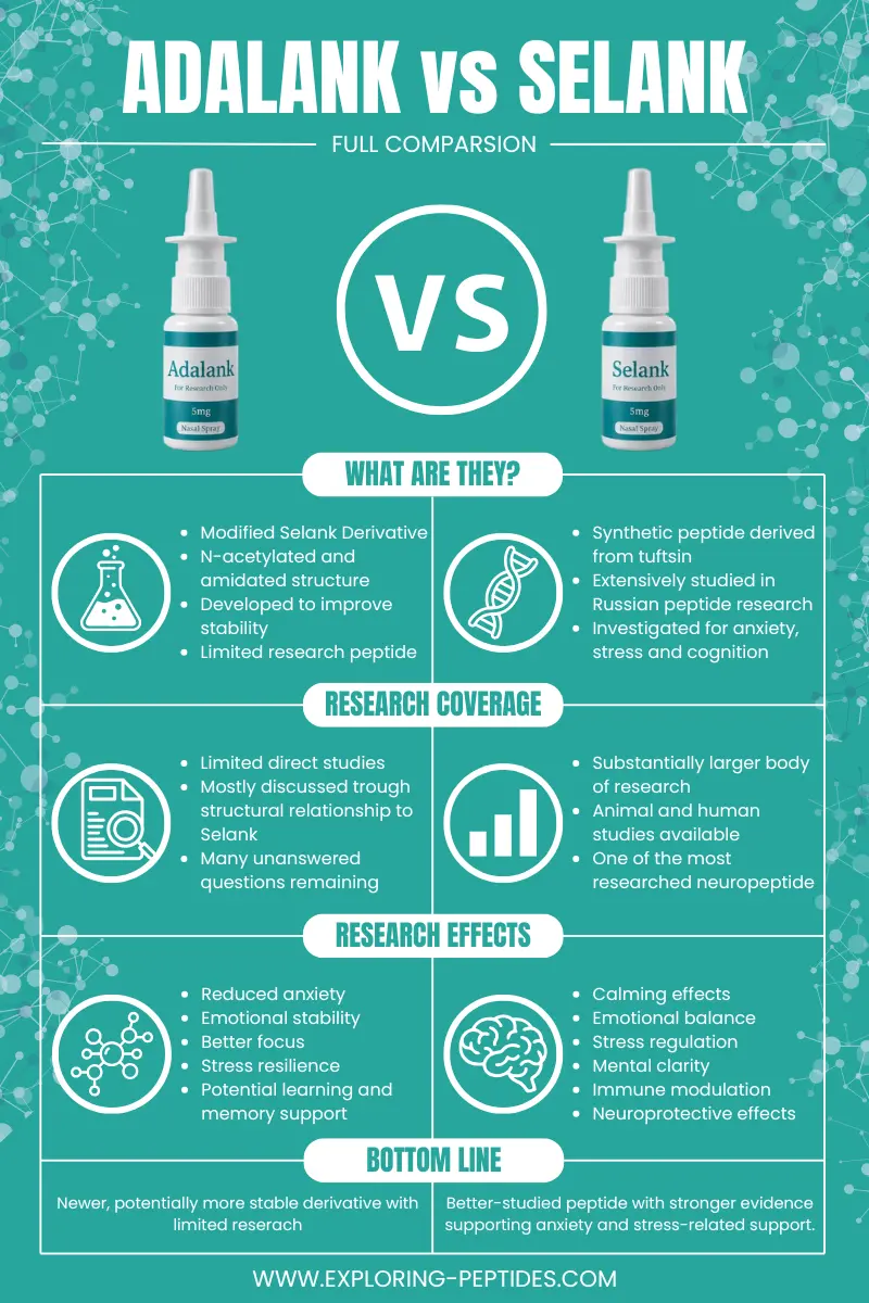 Adalank vs Selank comparison infographic by Exploring-Peptides, detailing the structural differences, research coverage, and therapeutic effects of both peptides.