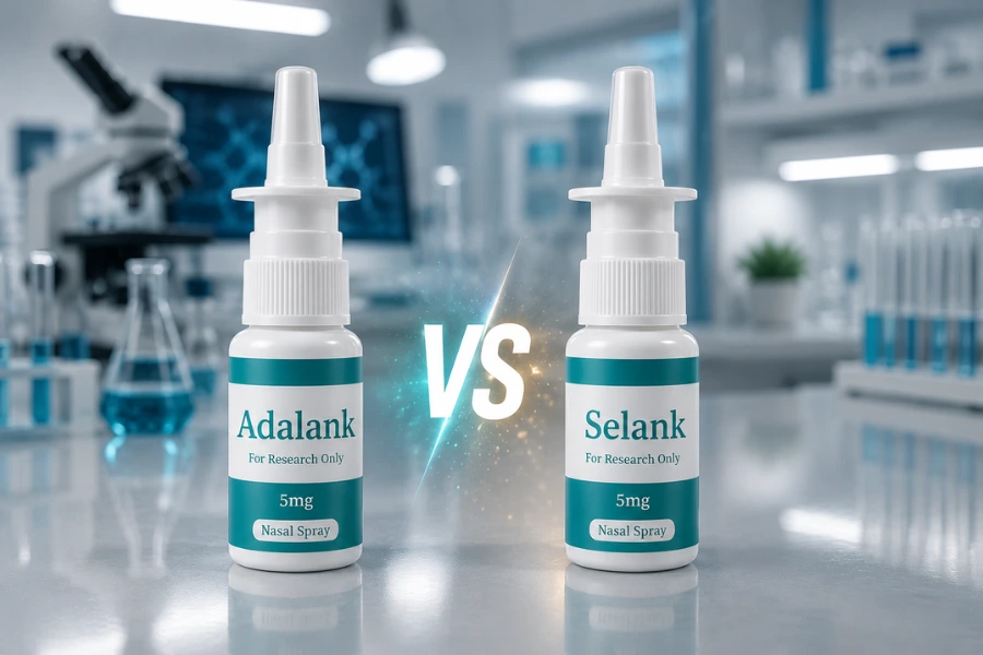 Adalank vs Selank peptide comparison showing two intranasal research peptide spray bottles in a laboratory setting, highlighting differences between Adalank and Selank for cognitive function, stress regulation, and neuropeptide research.