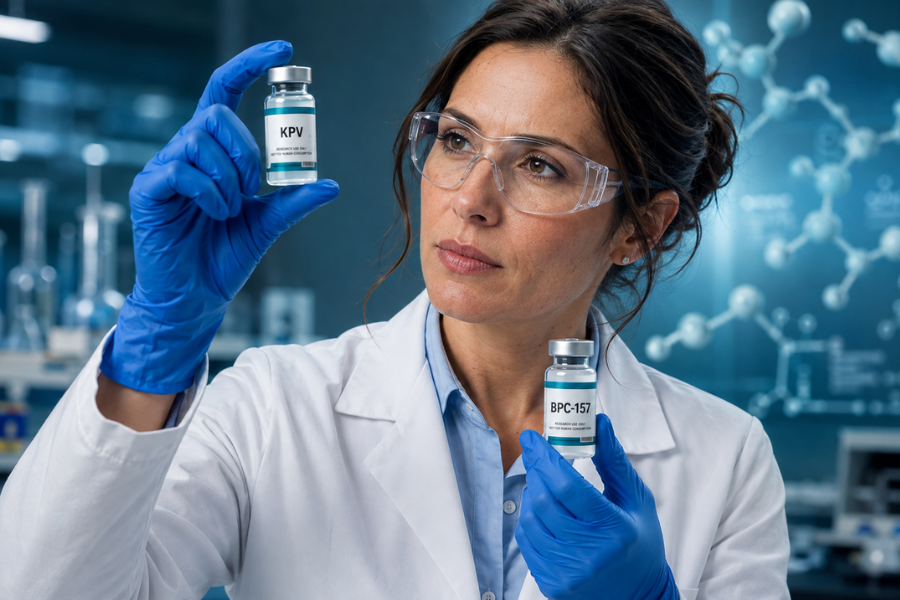Female scientist in a laboratory comparing KPV and BPC-157 peptide vials, illustrating the differences between KPV peptide research on inflammation and BPC-157 research on tissue repair and regeneration in a modern biomedical research lab.